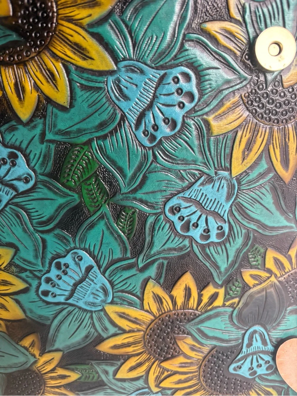 Handpainted Floral Sunflower Vegan Leather Backpack - Black & Teal
